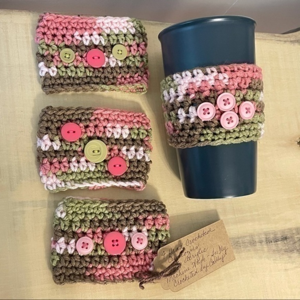 Handmade Camo 4-pack Can Cup Huggies Koozies Pink Camouflage Crochet Knit Gift